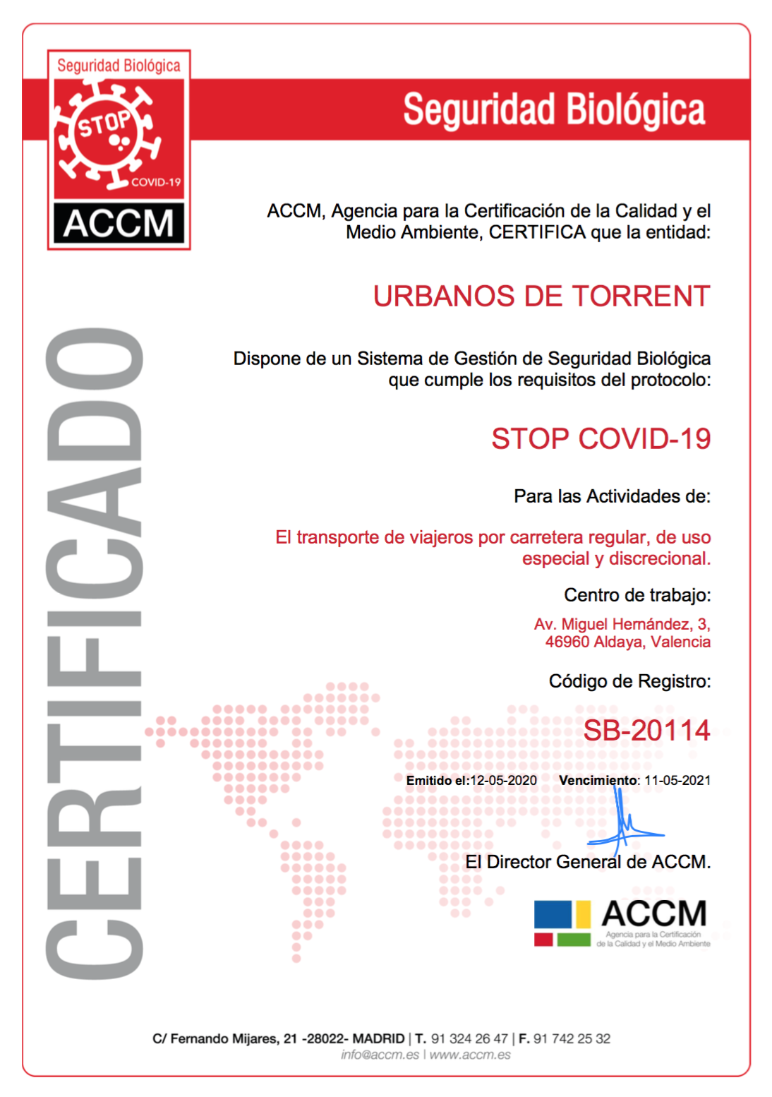 Torrent, primer municipio de España que cuenta con el Certificado de Seguridad Biológica COVID-19 para su transporte urbano  