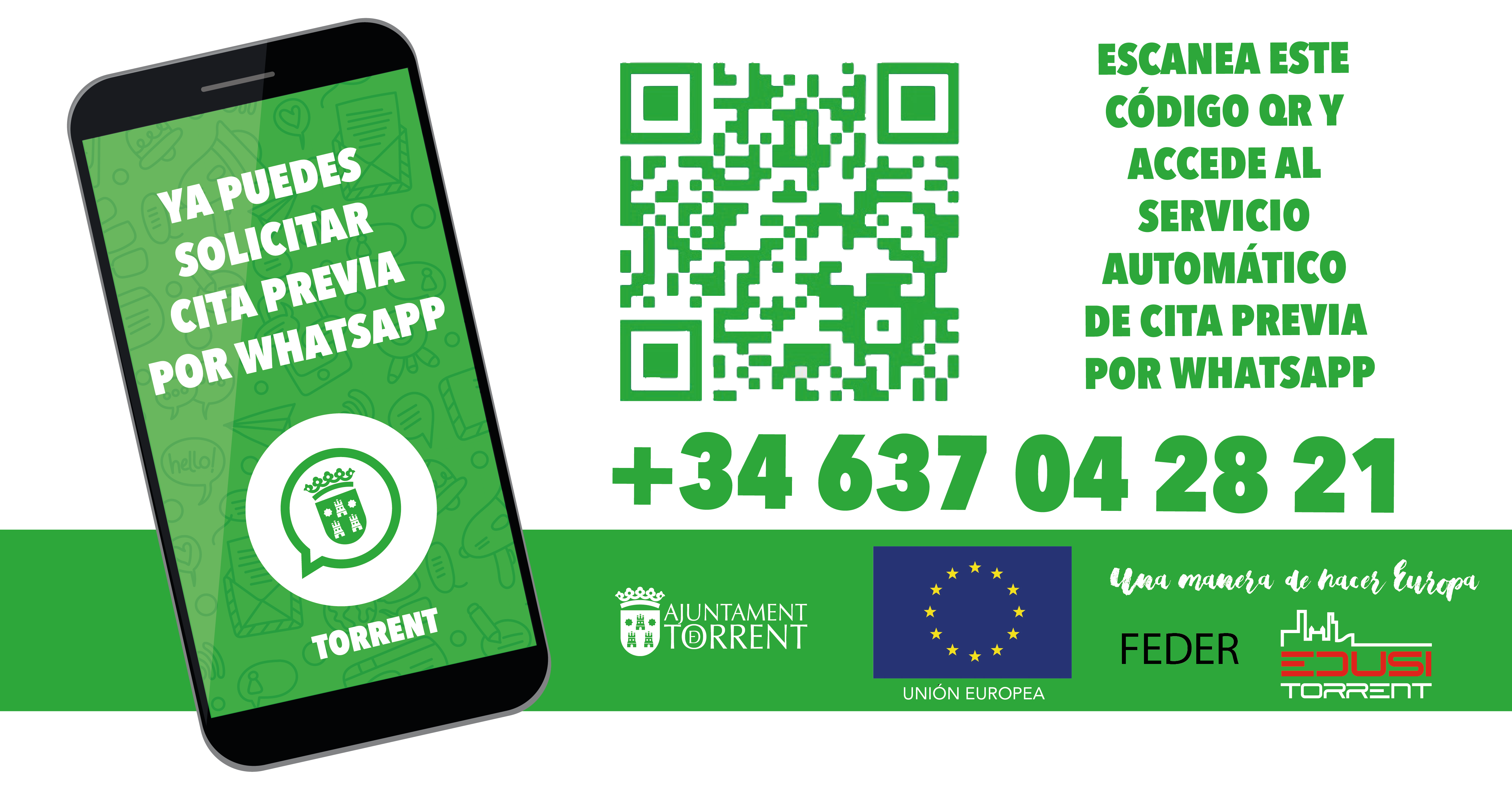 637 042 821, el número de telèfon del nou servei de cita prèvia per WhatsApp de l’Ajuntament de Torrent